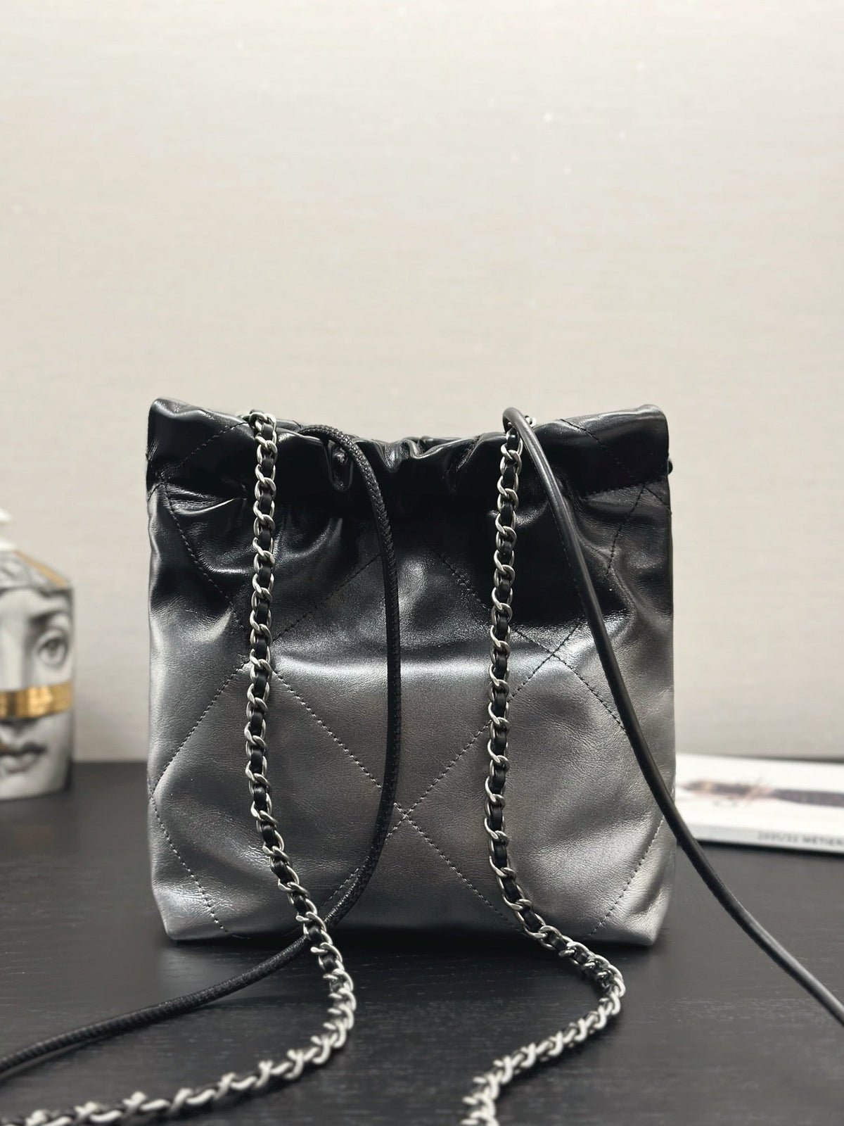 CC HOBO MINI 20CM BLACK GREY LAMBSKIN SILVER HARDWARE