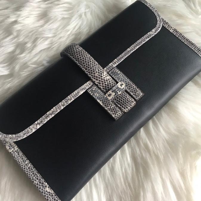 JIGE ELAN 29 CLUTCH IN BLACK CALFSKIN WITH WHITE LIZARD SKIN