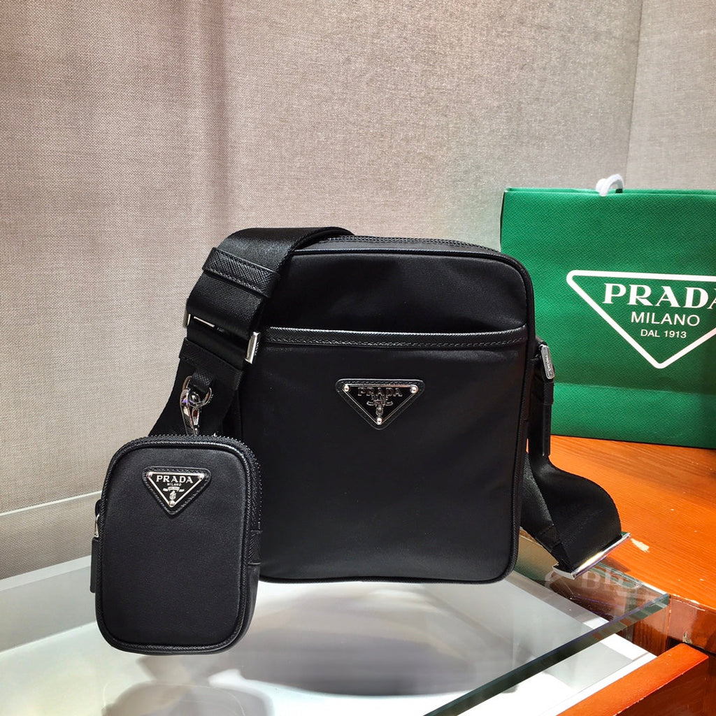CROSSBODY BAG 20 IN BLACK RE-NYLON AND SAFFIANO LEATHER TRIM