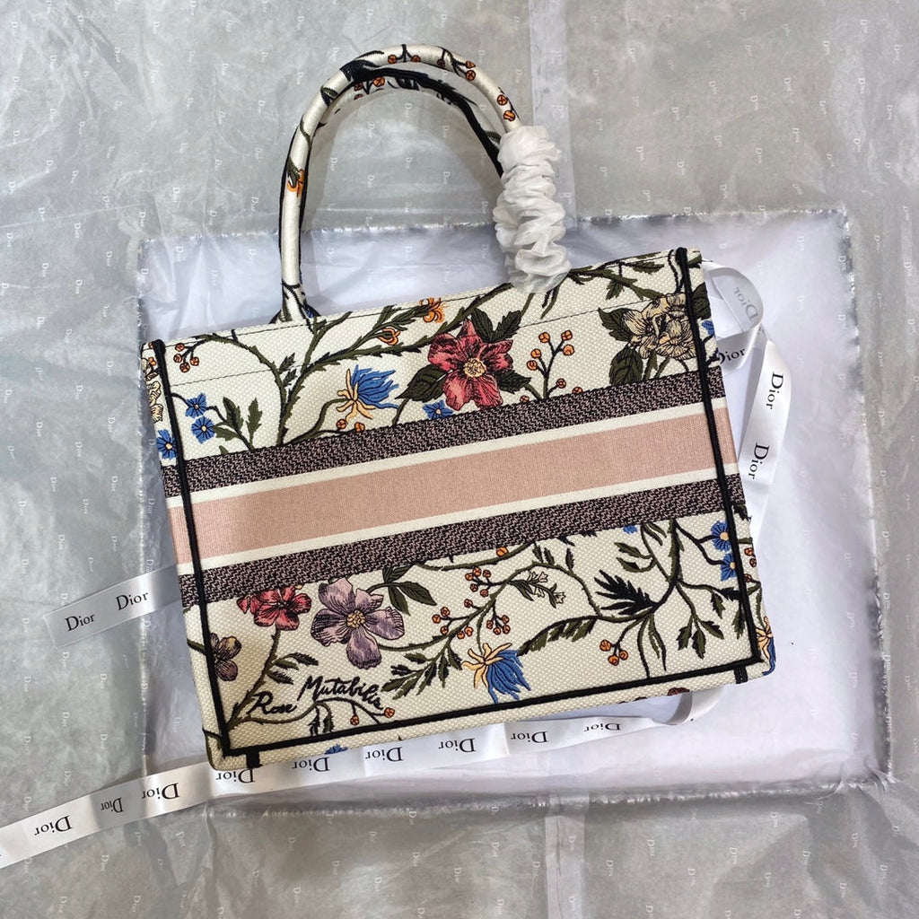 MEDIUM BOOK TOTE BAG 36 IN BEIGE COTTON WITH MULTICOLOR EMBROIDERY