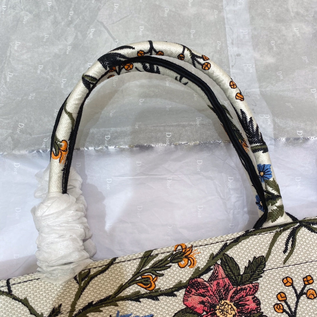 MEDIUM BOOK TOTE BAG 36 IN BEIGE COTTON WITH MULTICOLOR EMBROIDERY