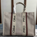 LAGRE STRAP WOODY TOTE BAG 45 IN BEIGE LINEN CANVAS BLACK WEBBING LOGO EMBROIDER BROWN CALFSKIN
