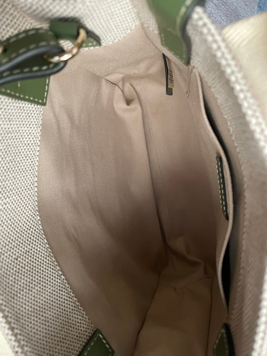 SMALL STRAP WOODY TOTE BAG 26.5 IN BEIGE LINEN CANVAS BLACK WEBBING LOGO EMBROIDER GREEN CALFSKIN