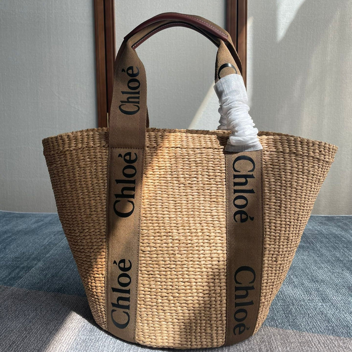 LAGRE WOODY TOTE BAG 48 IN NATURAL FIBERS BROWN WEBBING AND CALFSKIN