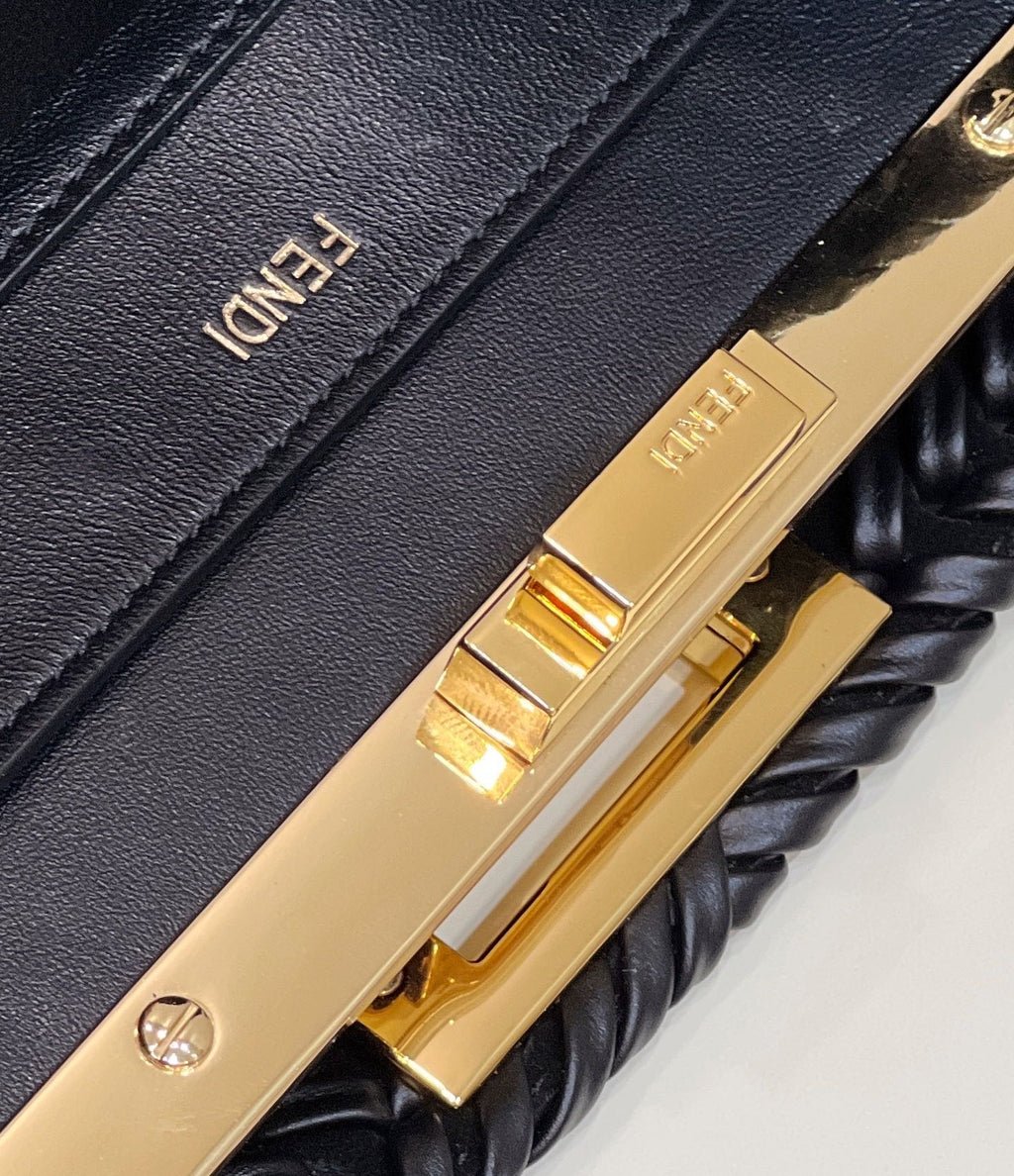 PEEKABOO ISEEU 27 IN BLACK SMOOTH CALFSKIN WITH WOVEN TRIM GOLD HARDWARE