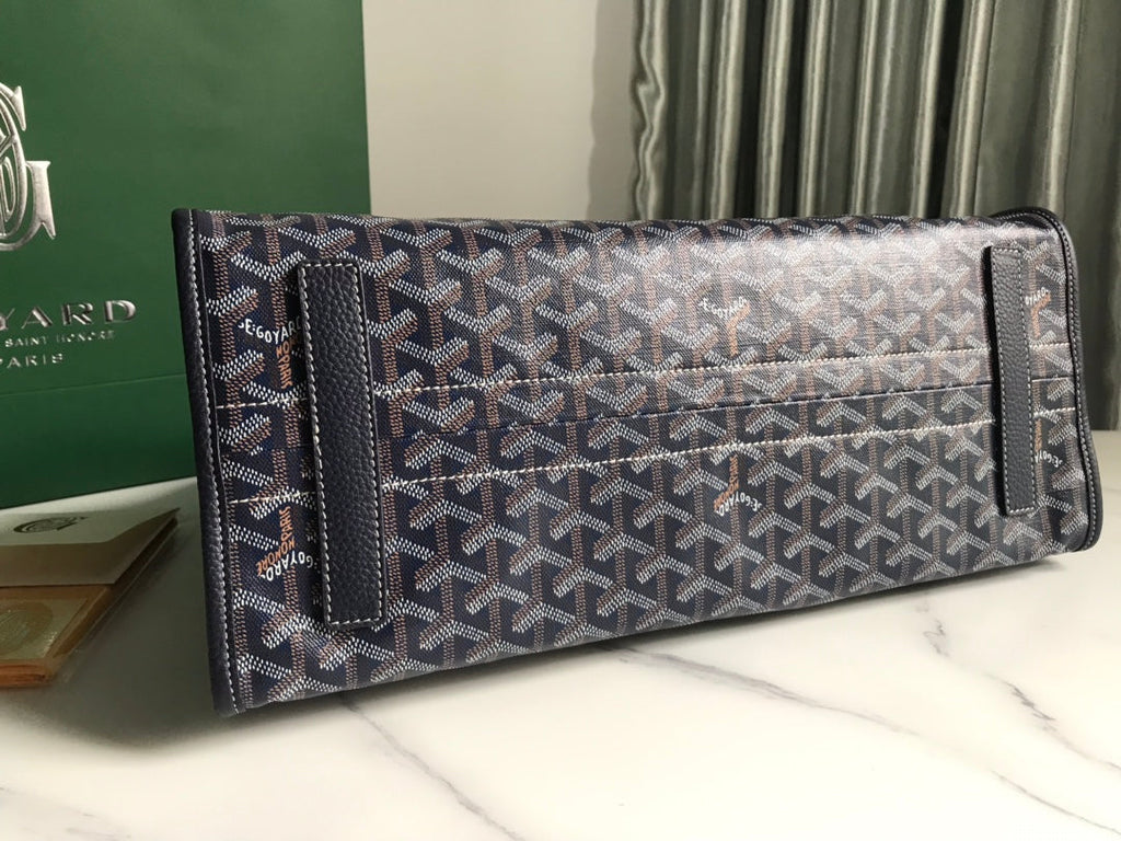HARDY PM BAG 40 IN NAVY BLUE GOYARDINE CANVAS AND BLACK TAURILLON LEATHER TRIM