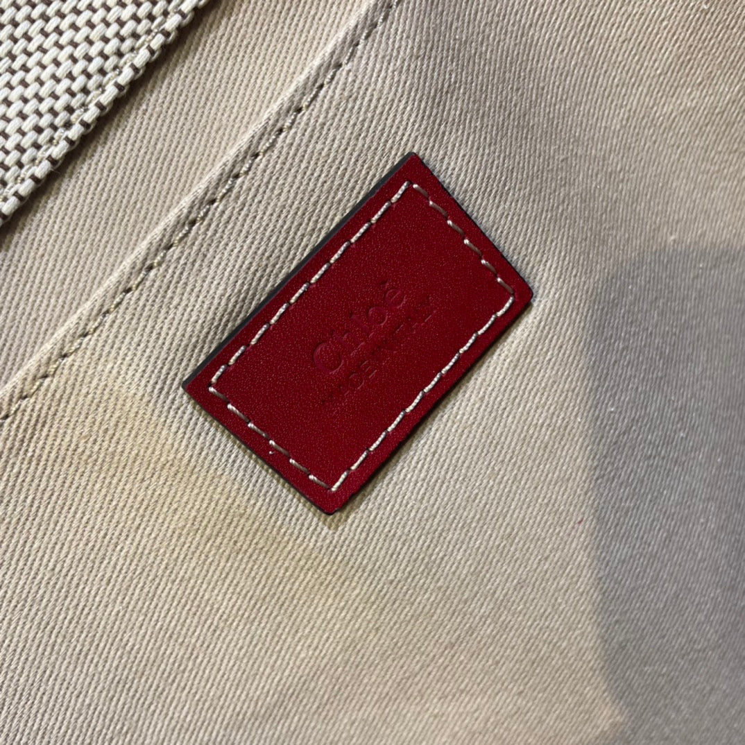 LAGRE WOODY TOTE BAG 45 IN BEIGE LINEN CANVAS BLACK WEBBING LOGO EMBROIDER RED CALFSKIN