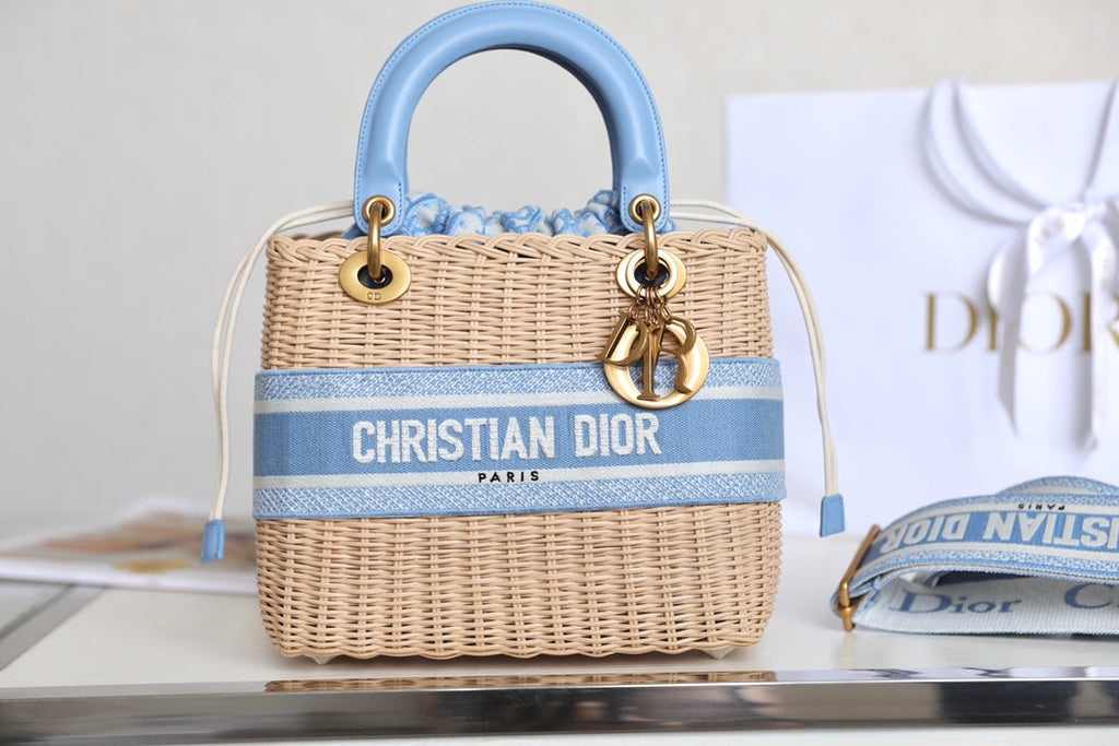 LADY 24 BASKET BAG IN BLUE OBLIQUE JACQUARD MIX BEIGE WICKER