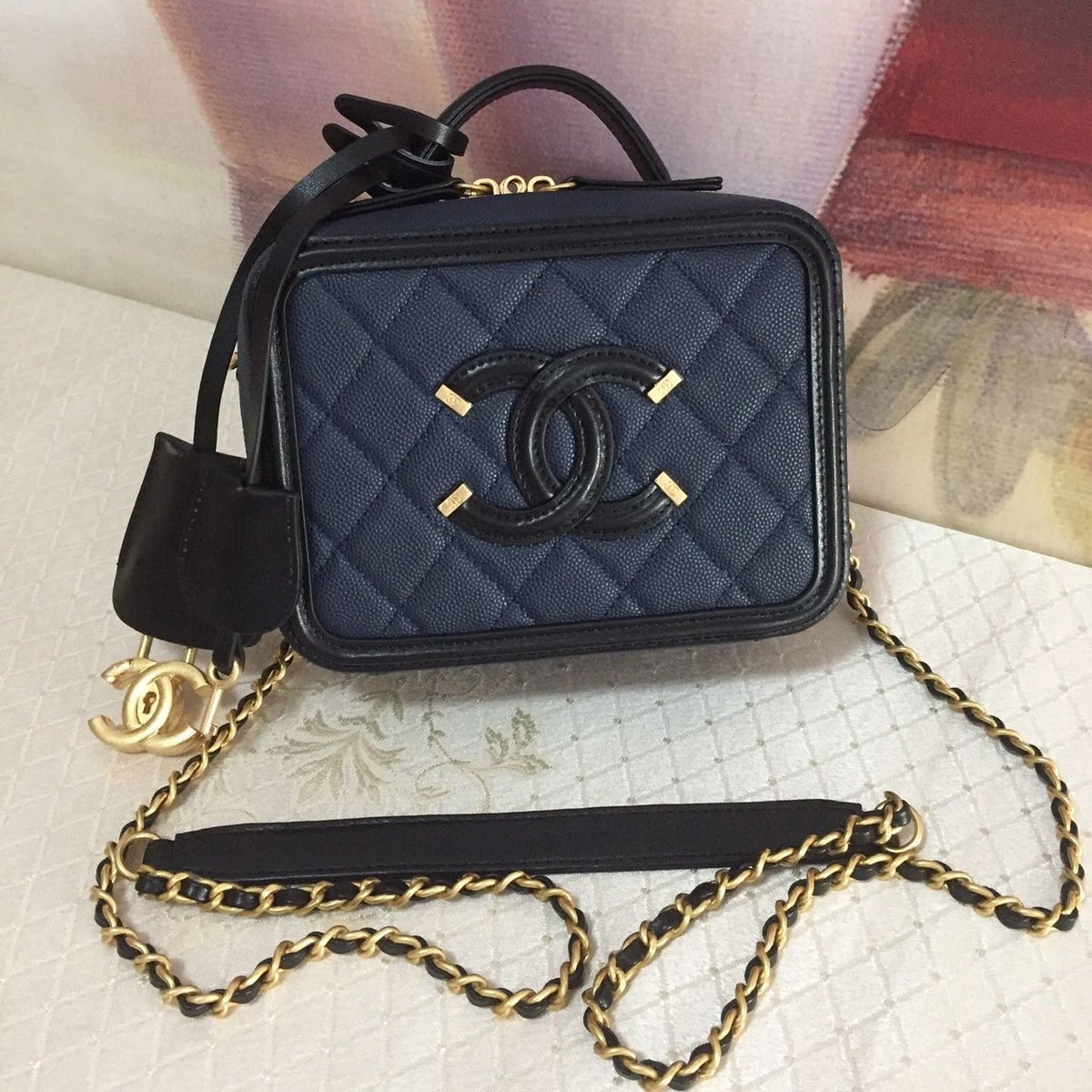 CC MINI 17 VANITY CASE IN AEGEAN BLUE MIX BLACK CALFSKIN GOLD HARDWARE