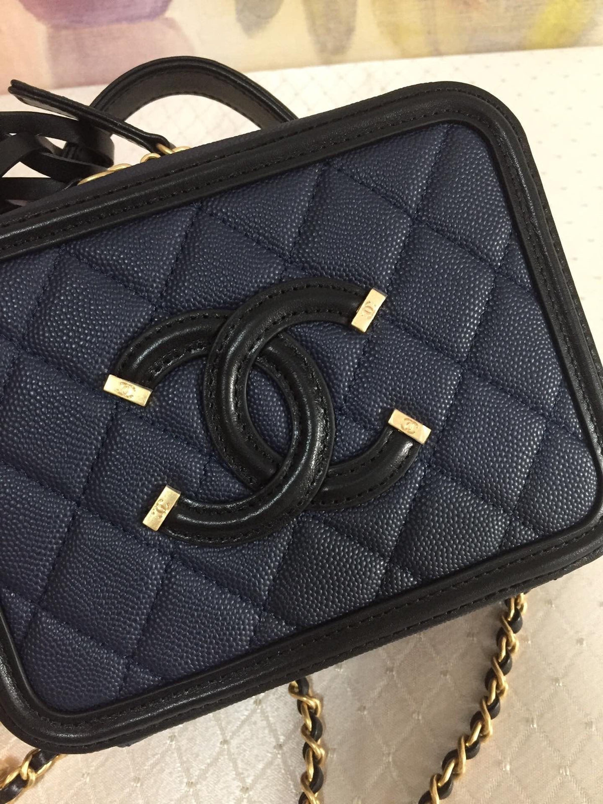 CC MINI 17 VANITY CASE IN AEGEAN BLUE MIX BLACK CALFSKIN GOLD HARDWARE