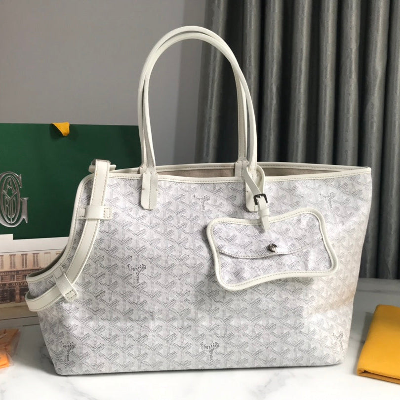 CHIEN GRIS BAG 33 IN WHITE GOYARDINE CANVAS AND TAN CALFSKIN TRIM