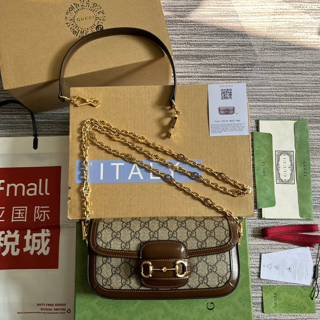 GG HORSEBIT 1955 BAG 24 IN BEIGE CANVAS AND BROWN CALFSKIN