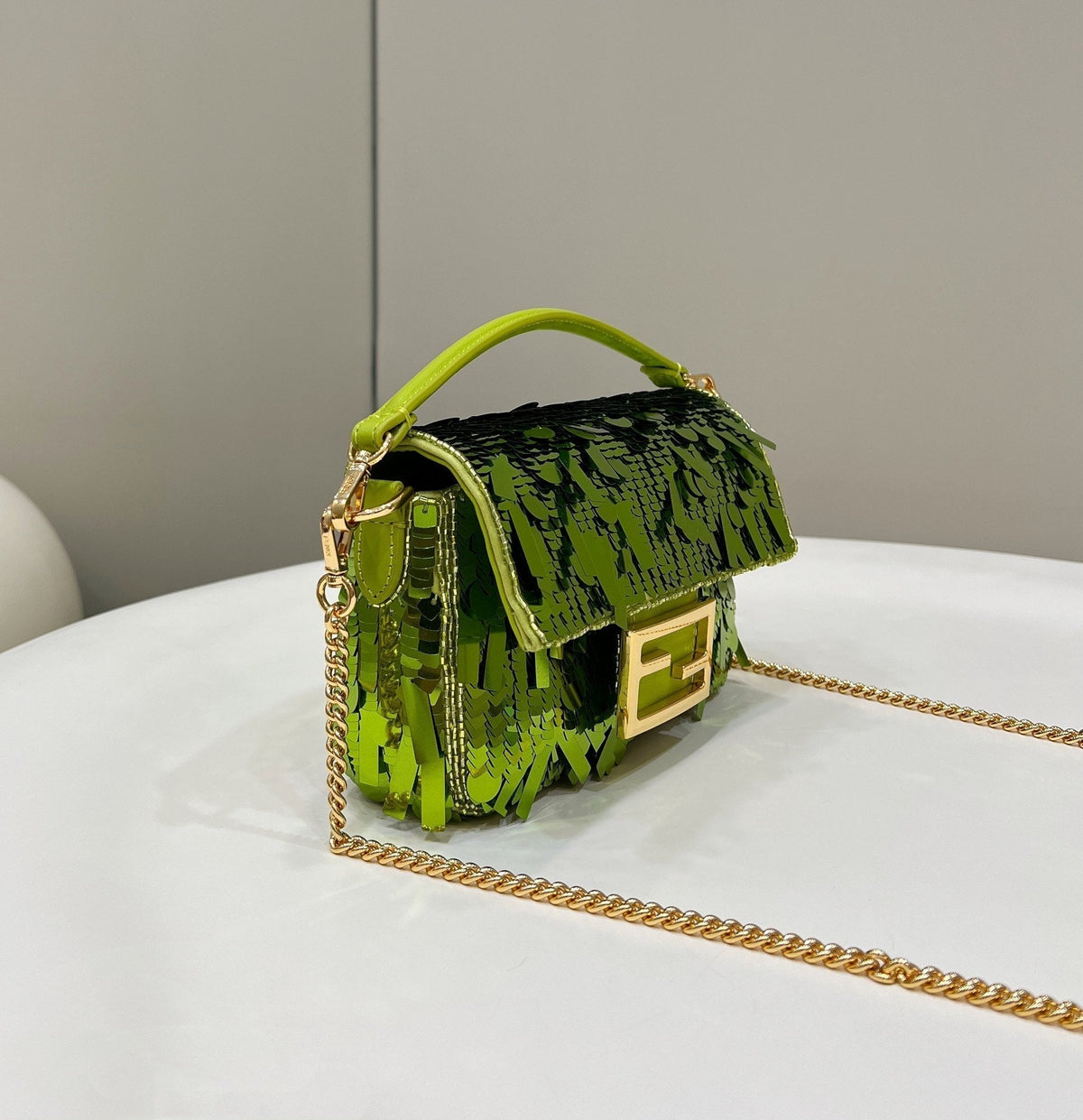 BAGUETTE MINI 19 IN LIMERICK GREEN SEQUINS GOLD HARDWARE