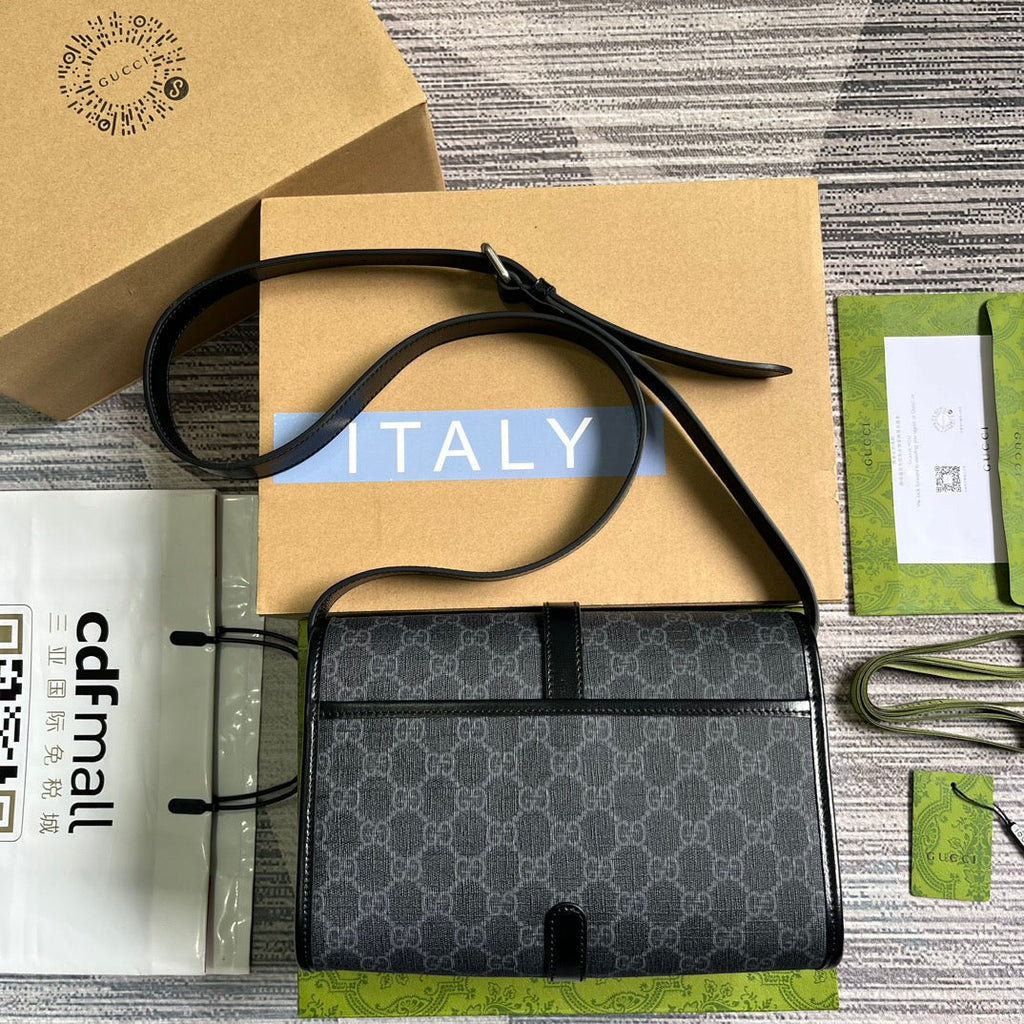 MESSENGER BAG 25 IN DARK GREY CANVAS ANG BLACK CALFSKIN