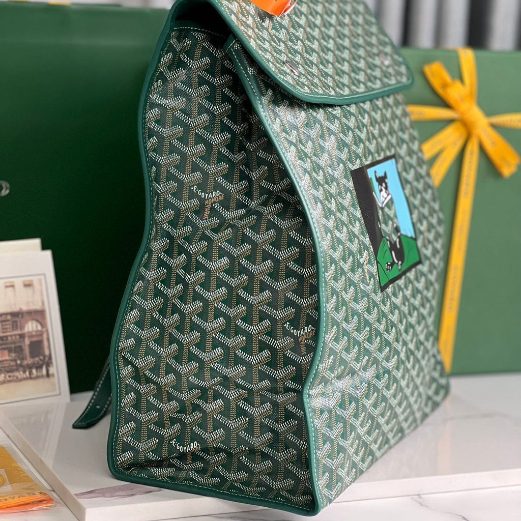 SAINT LÉGER BACKPACK 35 IN GREEN GOYARDINE CANVAS AND CALFSKIN WITH CARTOON PATCH
