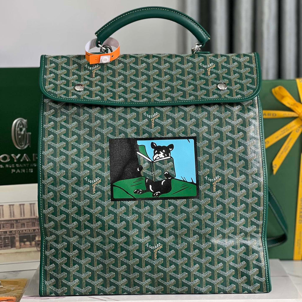 SAINT LÉGER BACKPACK 35 IN GREEN GOYARDINE CANVAS AND CALFSKIN WITH CARTOON PATCH