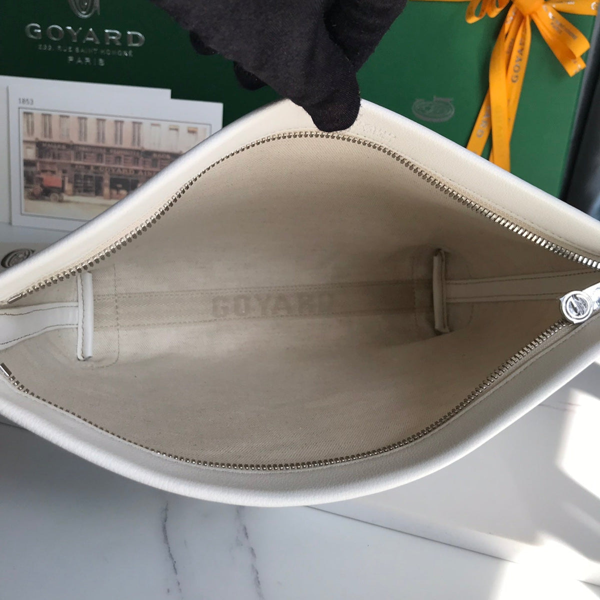 CONTI POUCH 24 IN WHITE LAMBSKIN AND GOYARDINE CANVAS