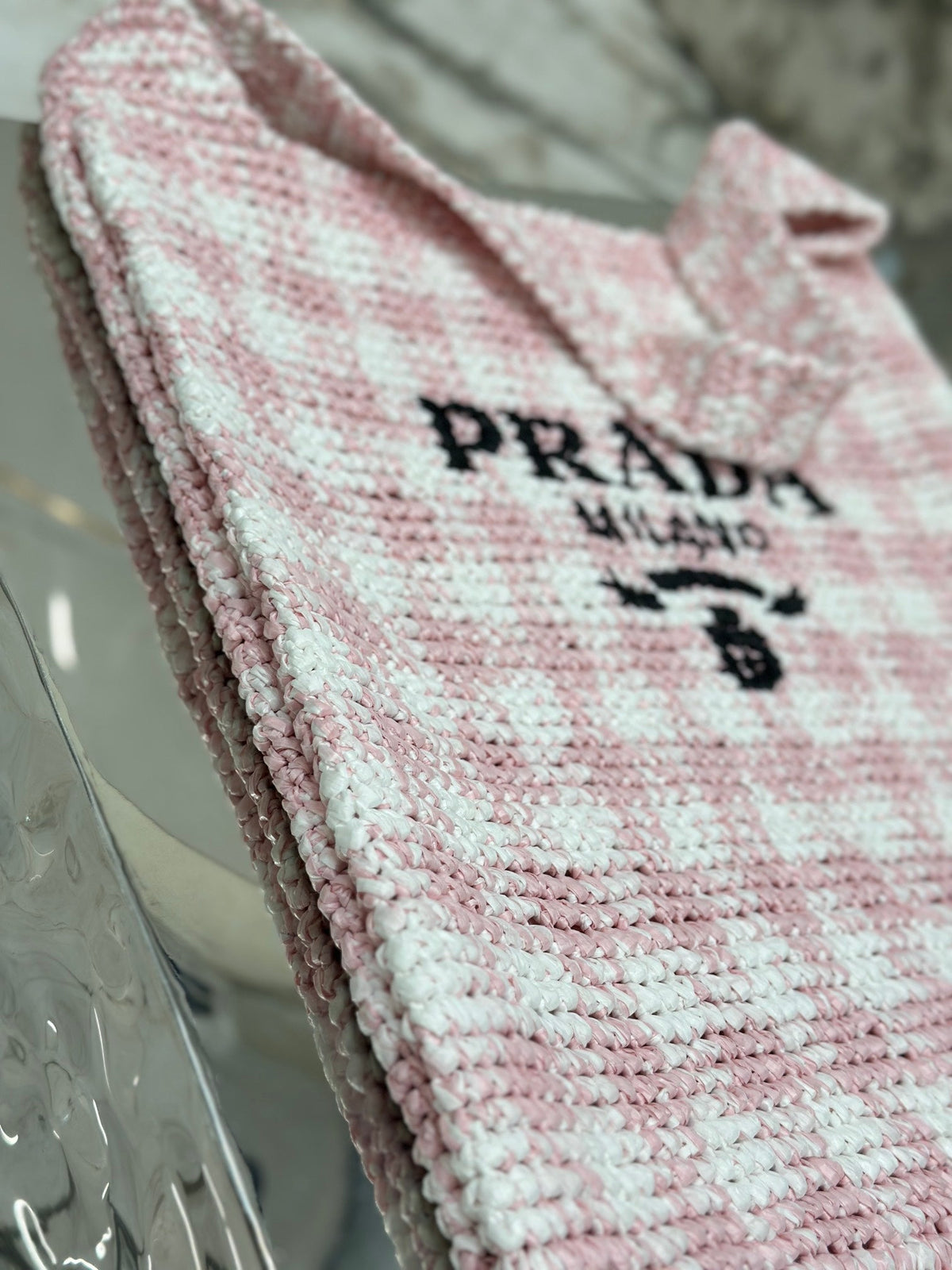LARGE TOTE BAG 45 IN PINK MIX WHITE AND BLACK WOVEN RAFFIA