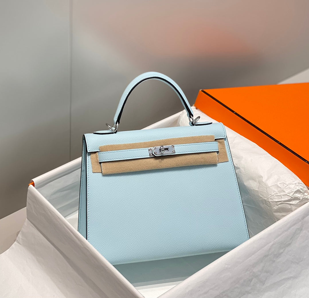 KELLY 25CM IN BLUE BRUME EPSOM CALFSKIN PALLADIUM HARDWARE