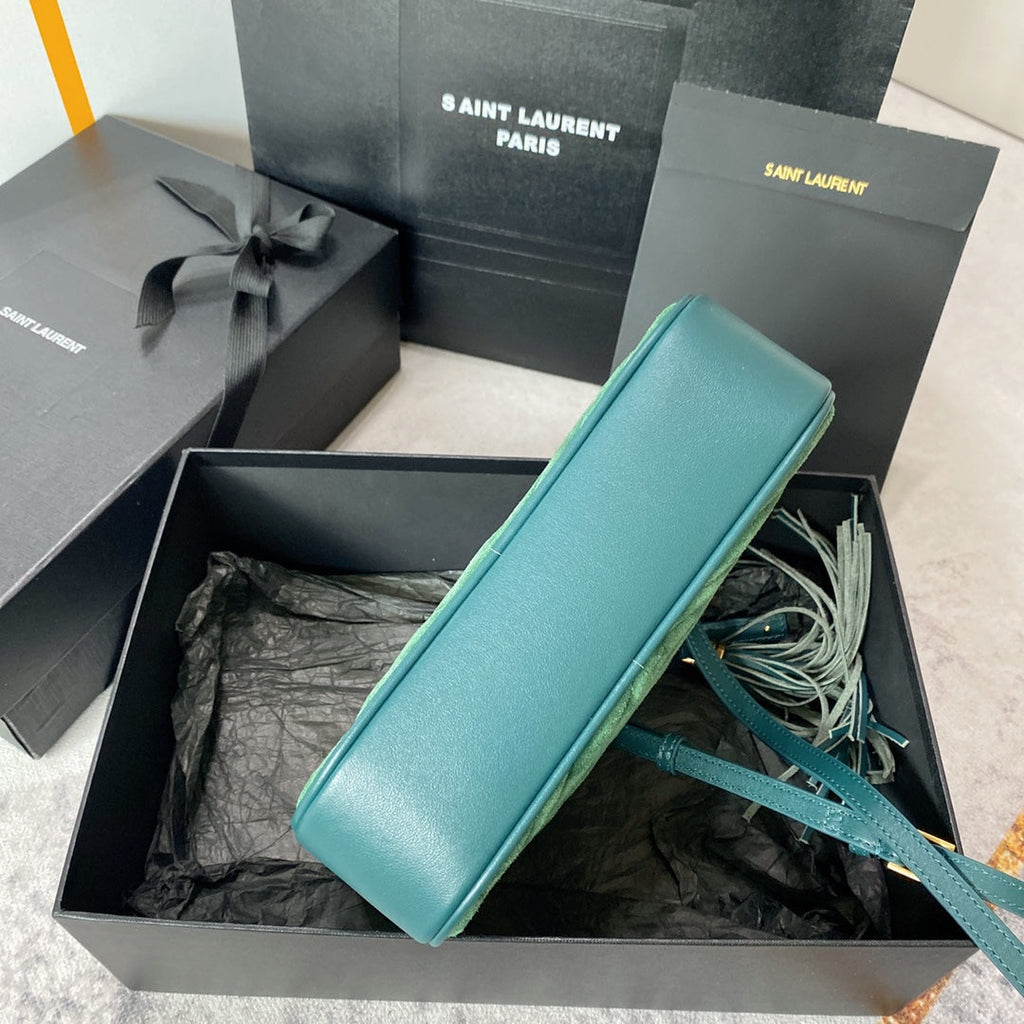 LOU CAMERA BAG 23 IN GREENISH SUEDE AND CALFSKIN TRIM