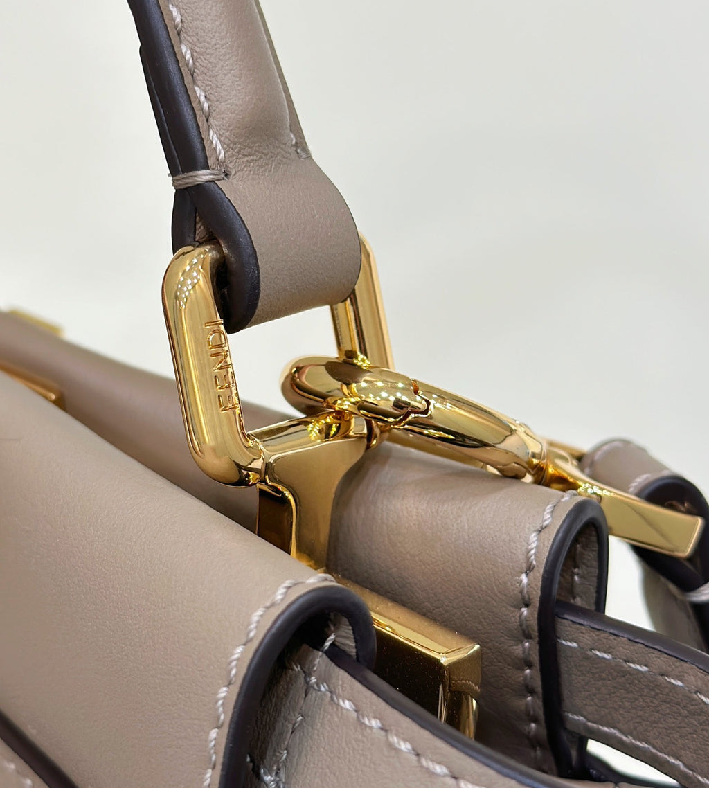 PEEKABOO 24 IN WHITE MIX BROWN INTERLACED CALFSKIN GOLD HARDWARE
