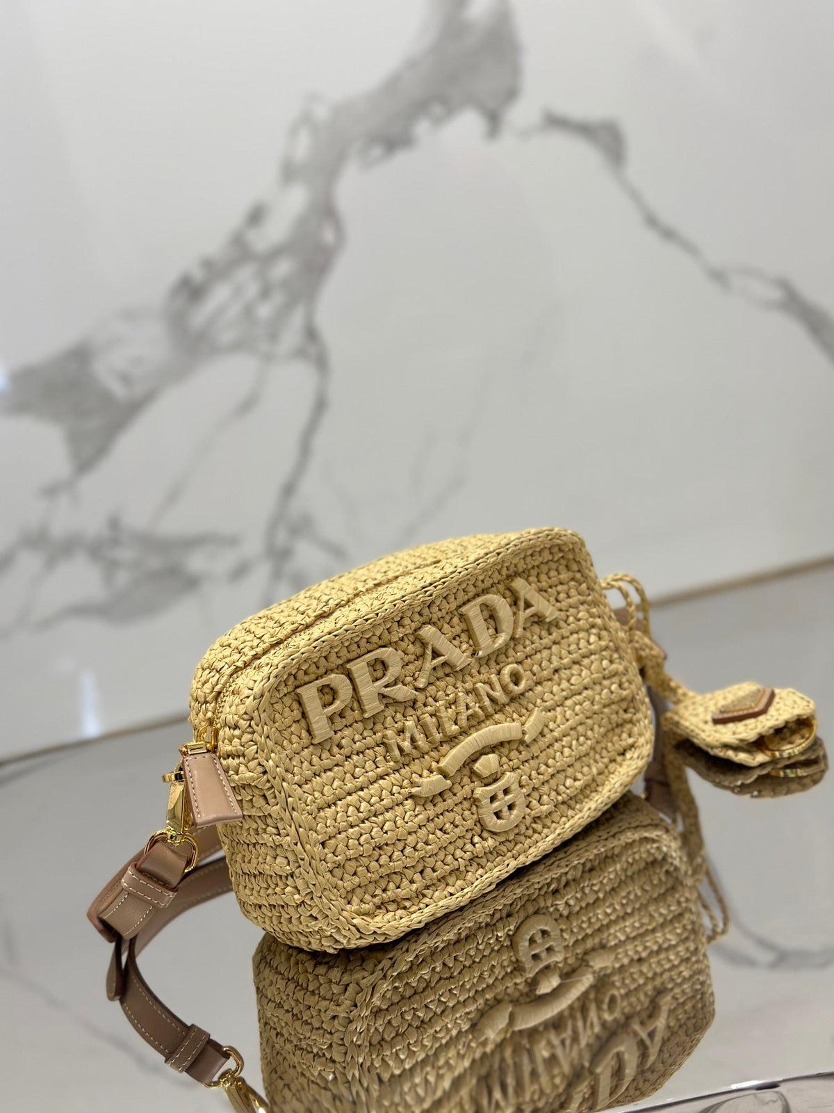 CAMERA BAG 20 IN BEIGE WOVEN RAFFIA