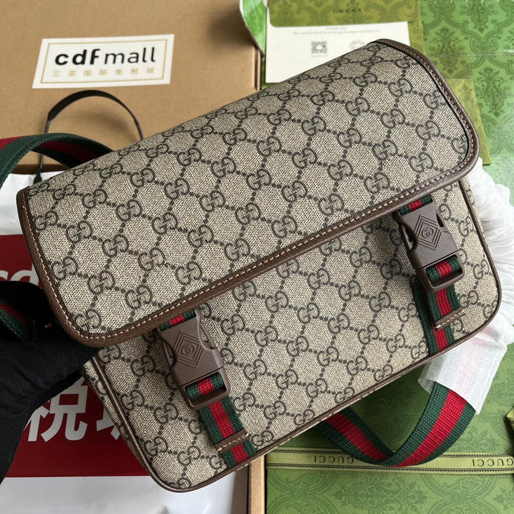 OPHIDIA MEDIUM MESSENGER BAG 27 IN BEIGE AND EBONY GG CALFSKIN GREEN RED WEB STRIPE CANVAS