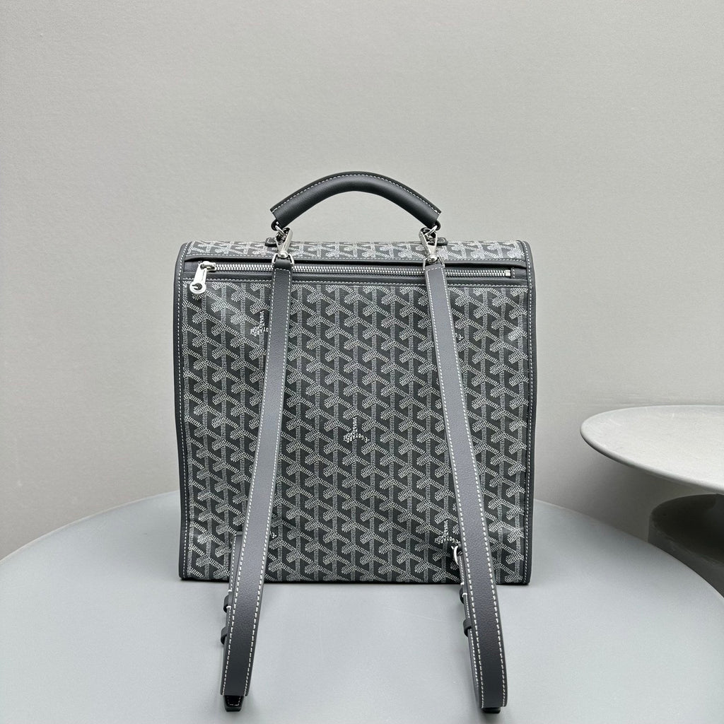 LEGER BACKPACK 37 IN GRAY GOYARDINE CANVAS WITH CALFSKIN TRIM