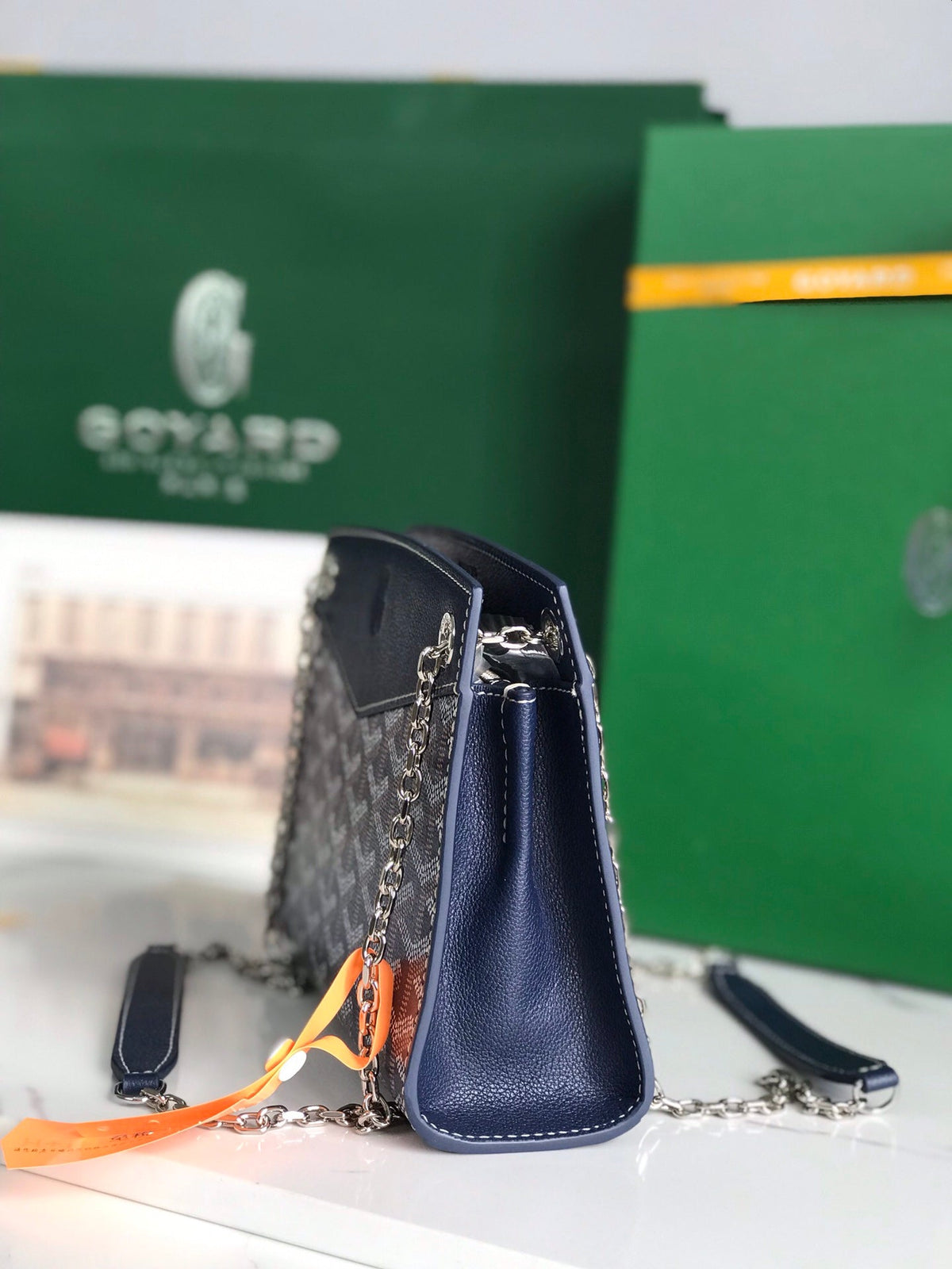 ROUETTE STRUCTURÉ MINI BAG 21 IN NAVY BLUE GOYARDINE CANVAS AND CALFSKIN