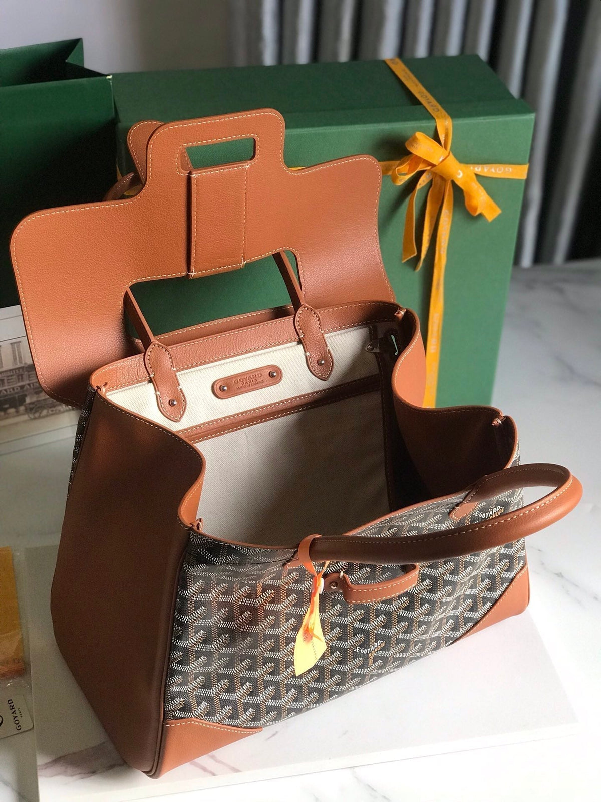 SAIGON SOUPLE BAG 34 IN BROWN GOYARDINE CANVAS AND CALFSKIN
