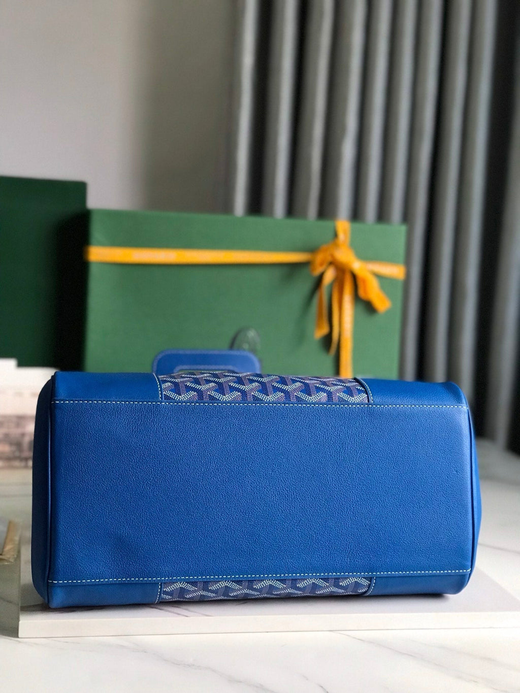 SAIGON SOUPLE BAG 34 IN CURIOUS BLUE GOYARDINE CANVAS AND CALFSKIN