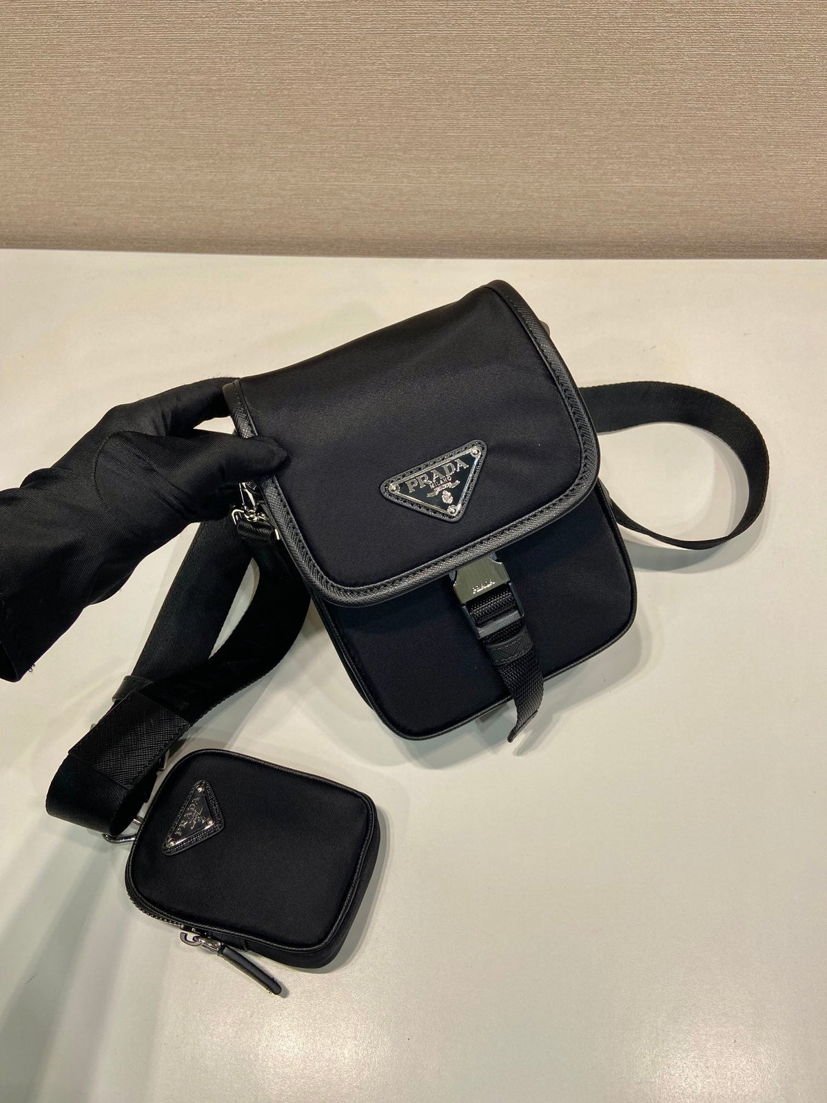 PHONE BAG 19 IN BLACK RE-NYLON AND SAFFIANO LEATHER TRIM