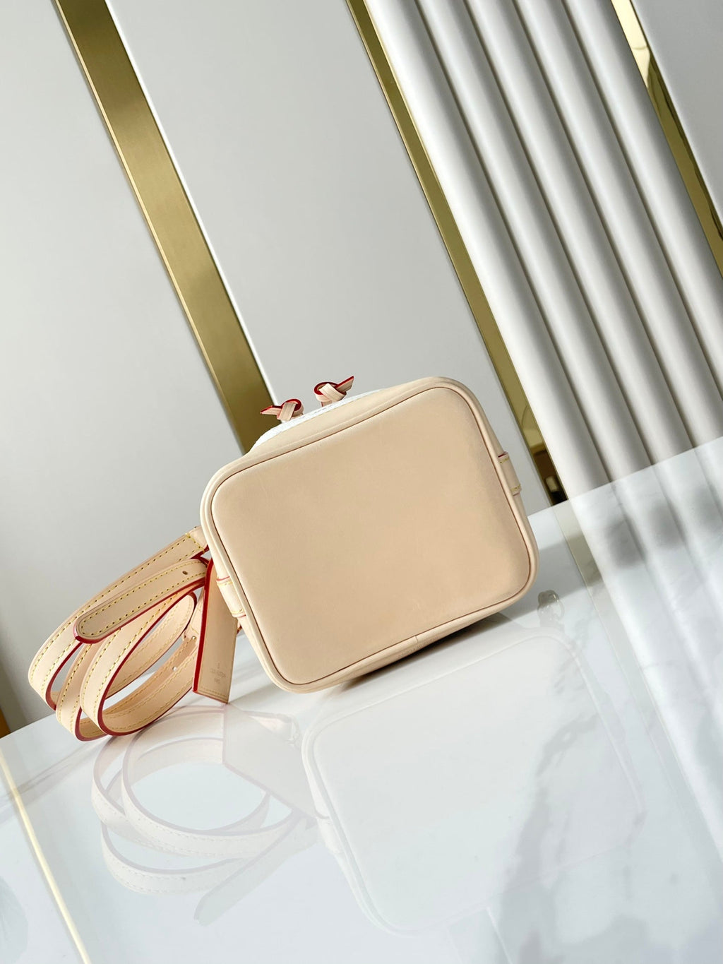 NANO NOÉ 16 IN WHITE MONOGRAM JACQUARD FABRIC AND BEIGE CALFSKIN TRIM