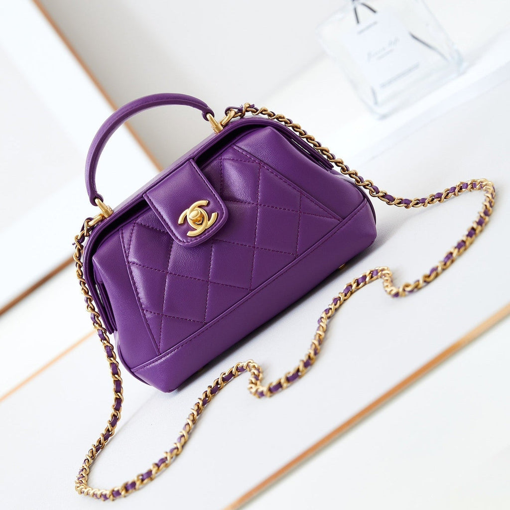 SMALL TOP HANDLE BAG 18 IN PURPLE OIL-WAX LAMBSKIN GOLD HARDWARE