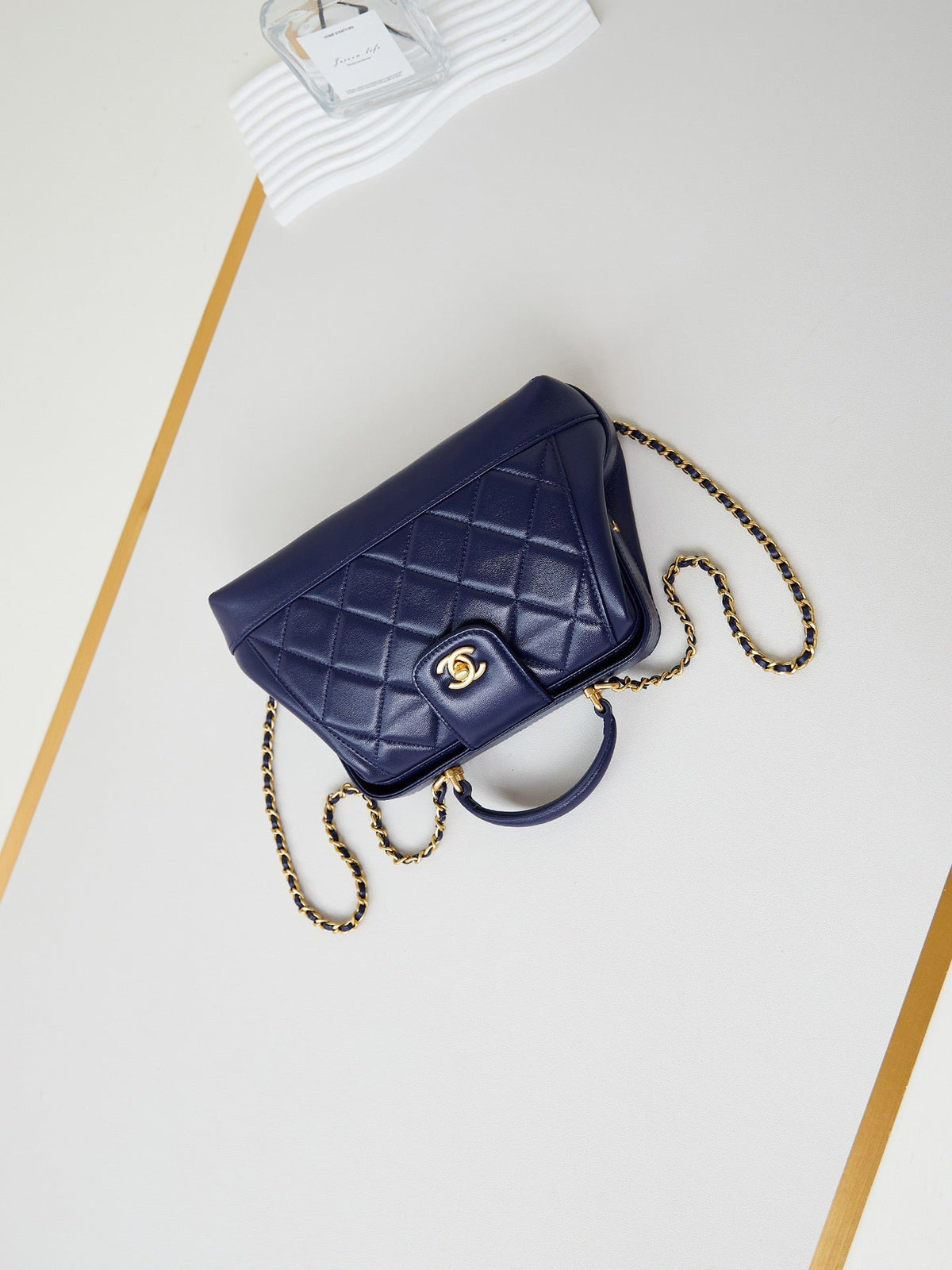 MEDIUM TOP HANDLE BAG 23 IN NAVY BLUE OIL-WAX LAMBSKIN GOLD HARDWARE