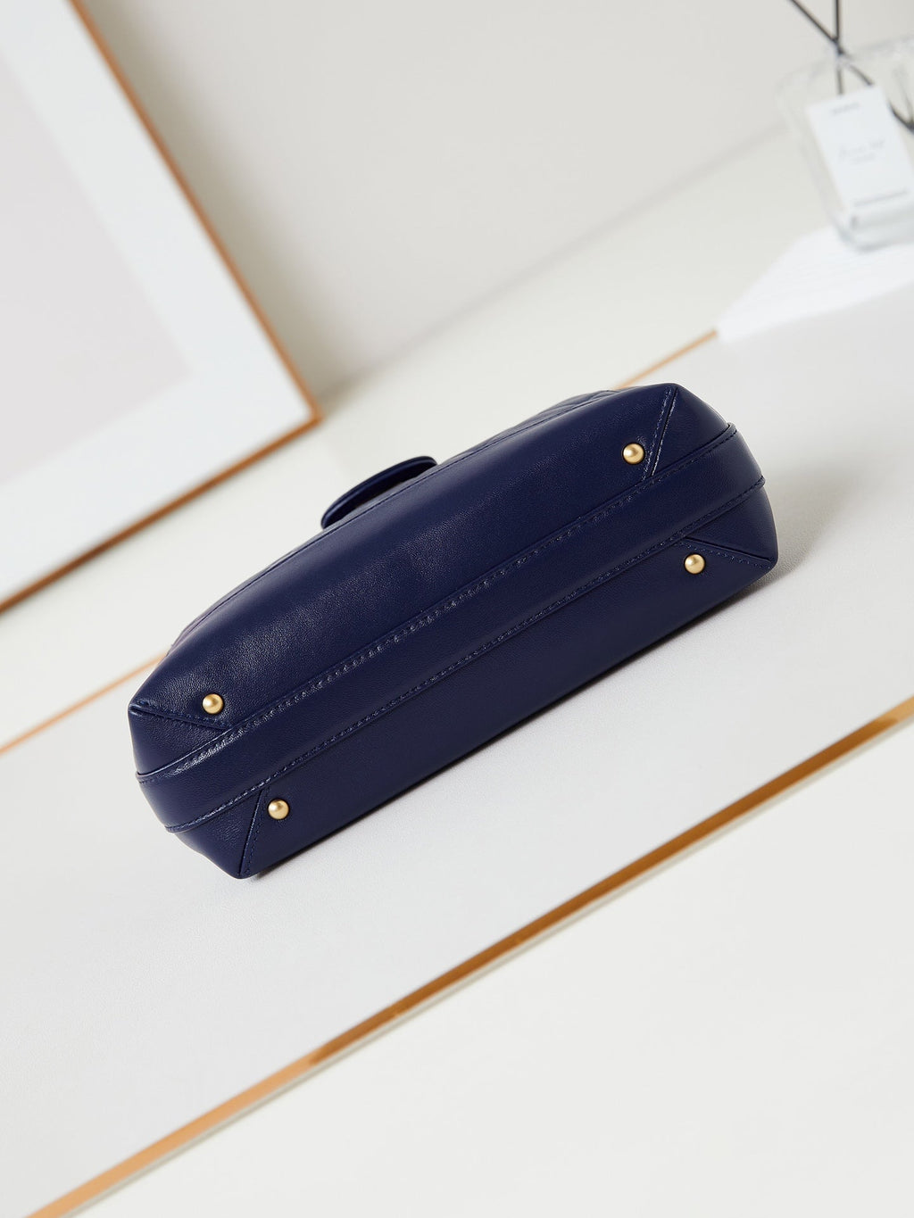 MEDIUM TOP HANDLE BAG 23 IN NAVY BLUE OIL-WAX LAMBSKIN GOLD HARDWARE