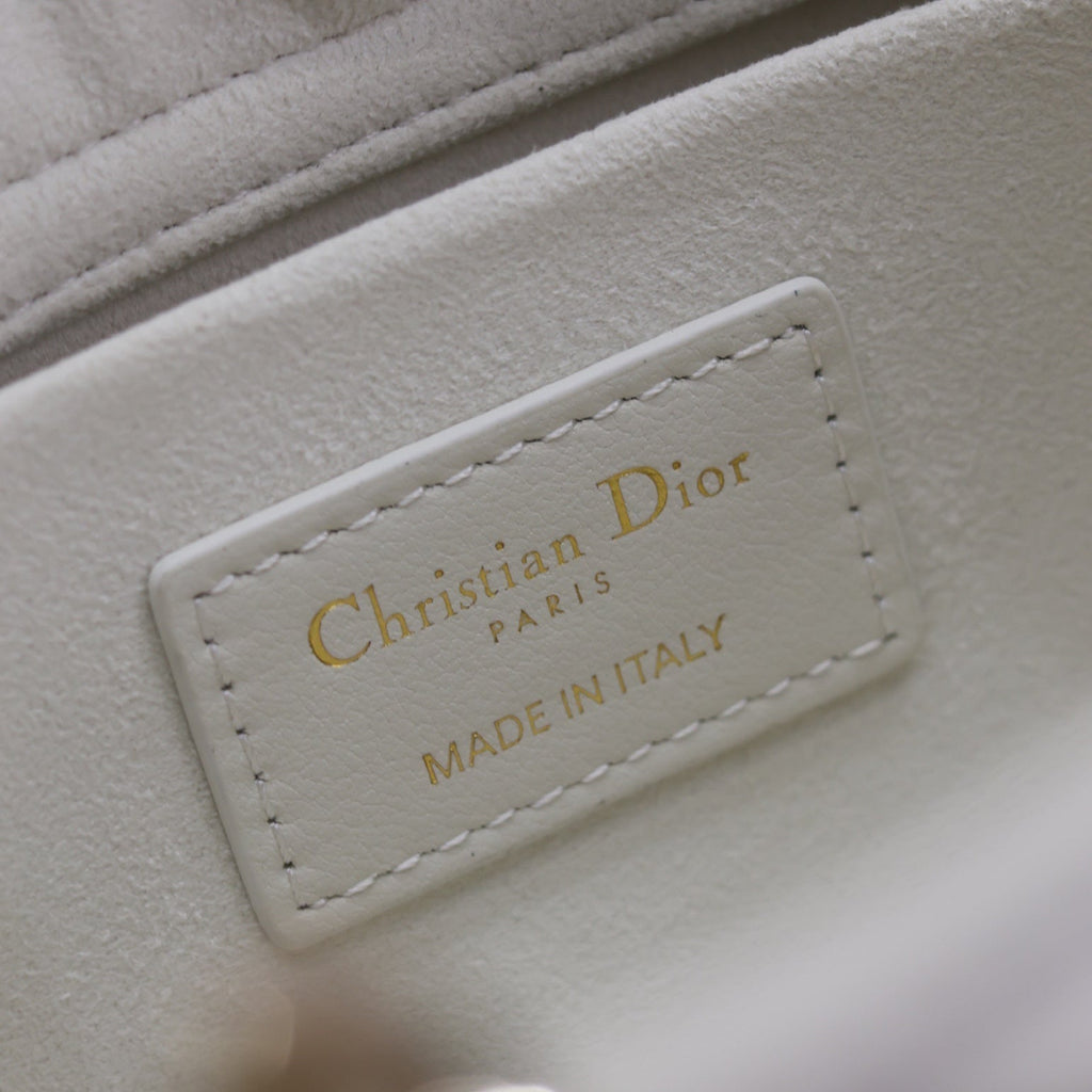 LADY D-JOY BAG 26 IN WHITE GRAPHIC CANNAGE CALFSKIN PALE GOLD-FINISH METAL CHARMS
