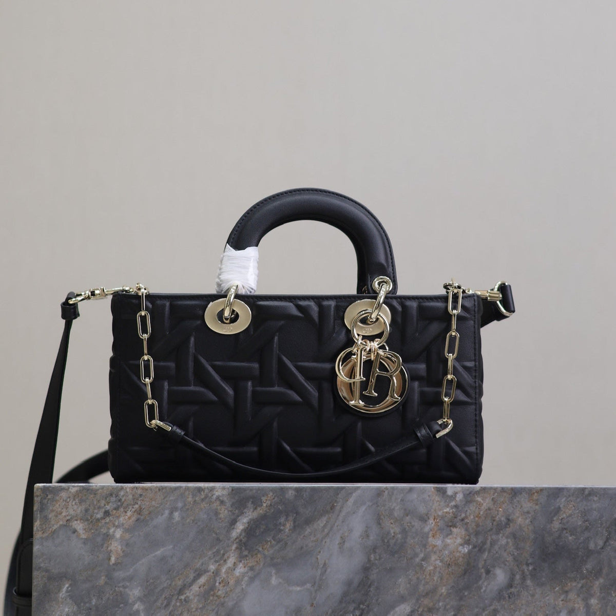 LADY D-JOY BAG 26 IN BLACK GRAPHIC CANNAGE CALFSKIN PALE GOLD-FINISH METAL CHARMS