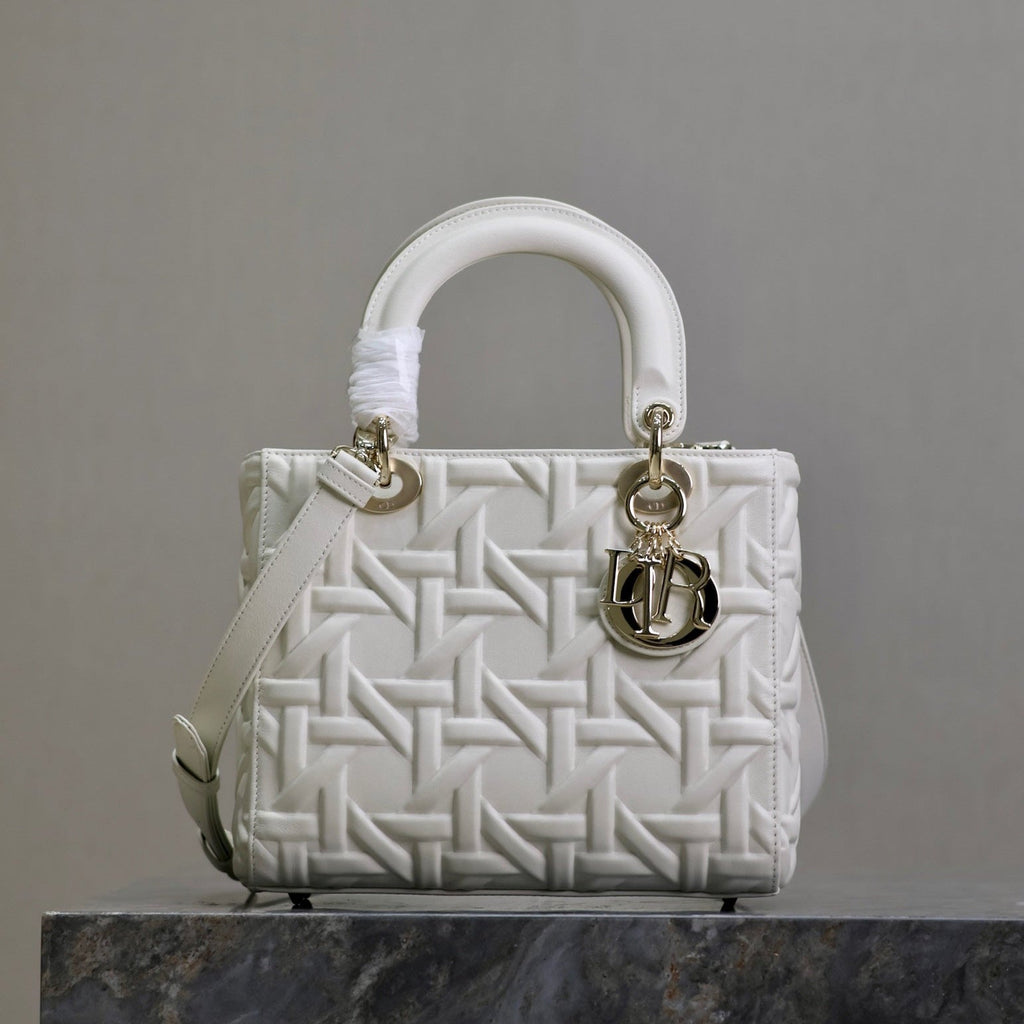 LADY BAG 24 IN WHITE GRAPHIC CANNAGE CALFSKIN PALE GOLD-FINISH METAL CHARMS