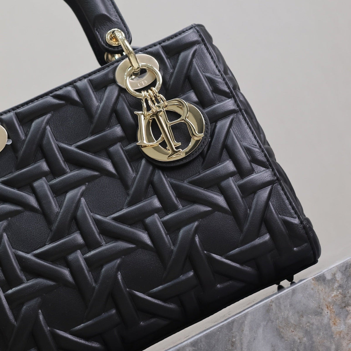 LADY BAG 24 IN BLACK GRAPHIC CANNAGE CALFSKIN PALE GOLD-FINISH METAL CHARMS