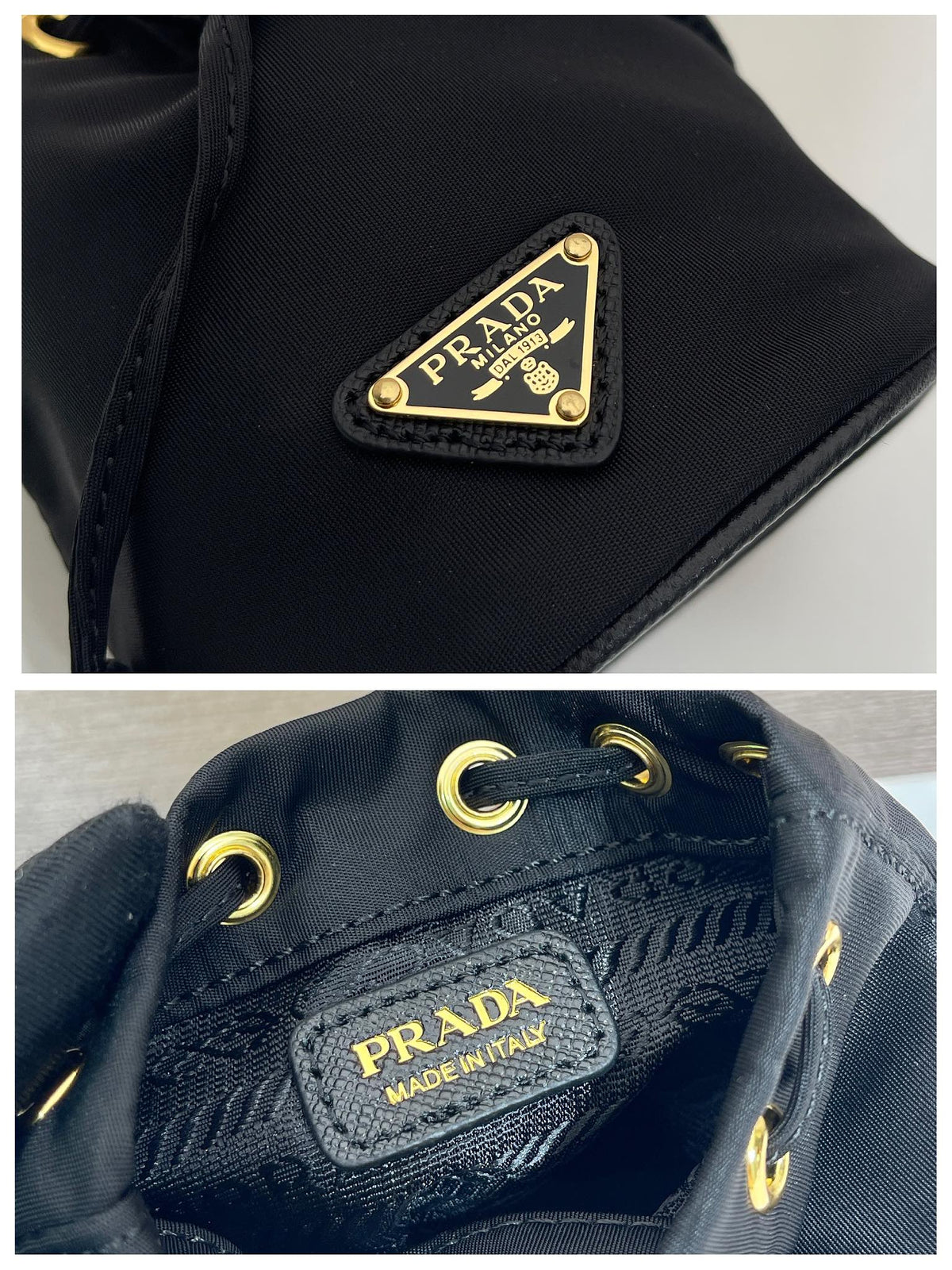 MINI BUCKET BAG 10 IN BLACK RE-NYLON AND SAFFIANO LEATHER STRAP