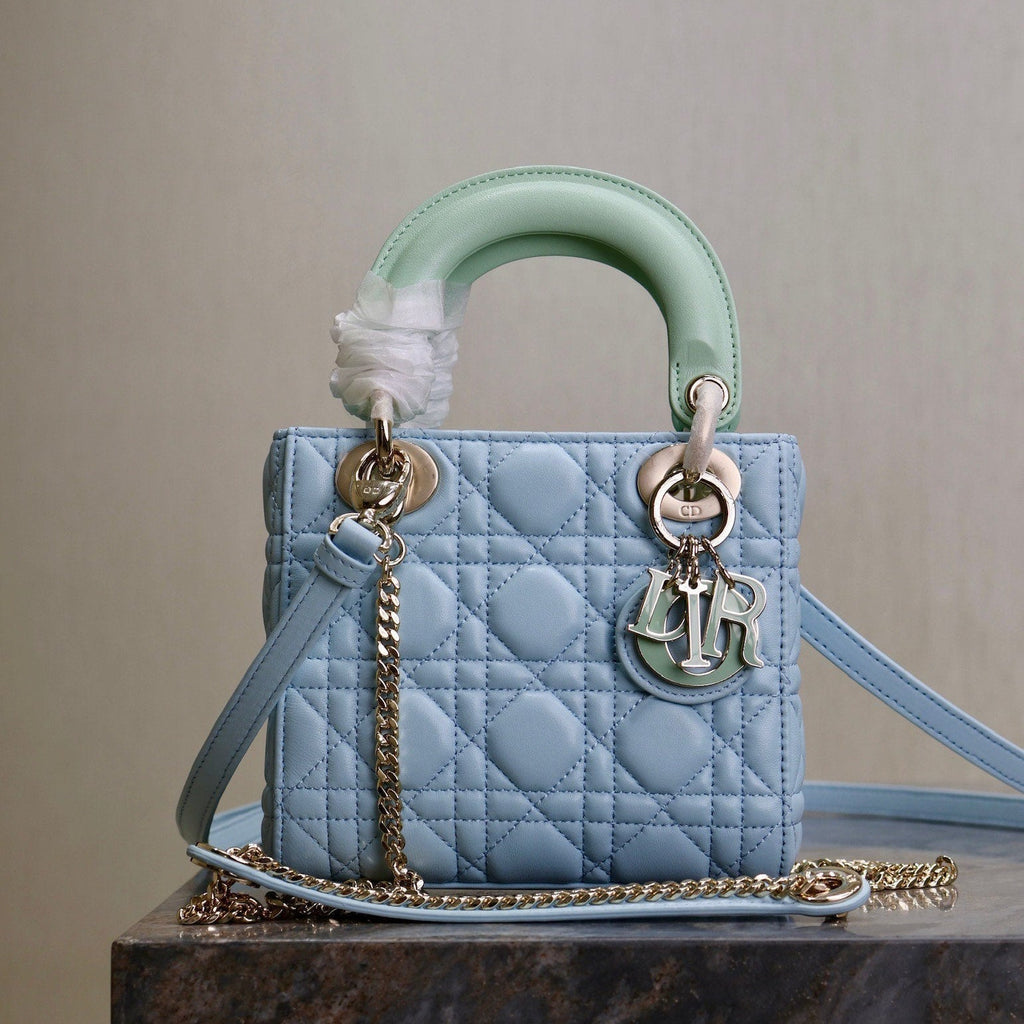 MINI LADY BAG 17 IN BABY BLUE QUILTED MACROCANNAGE CALFSKIN GREEN STRAP