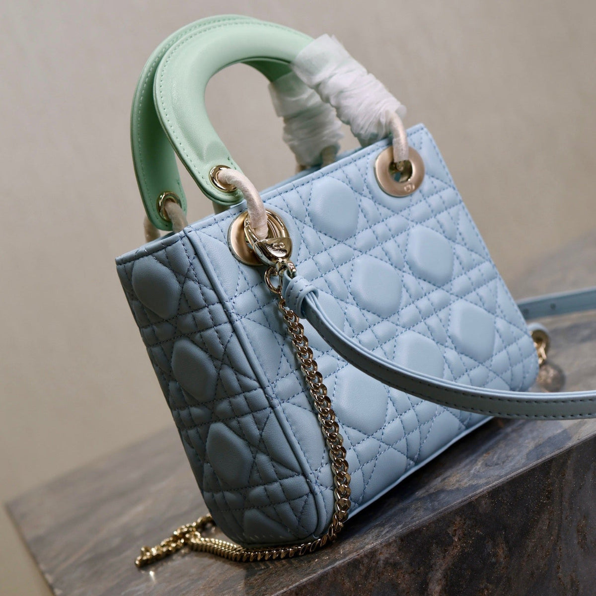MINI LADY BAG 17 IN BABY BLUE QUILTED MACROCANNAGE CALFSKIN GREEN STRAP