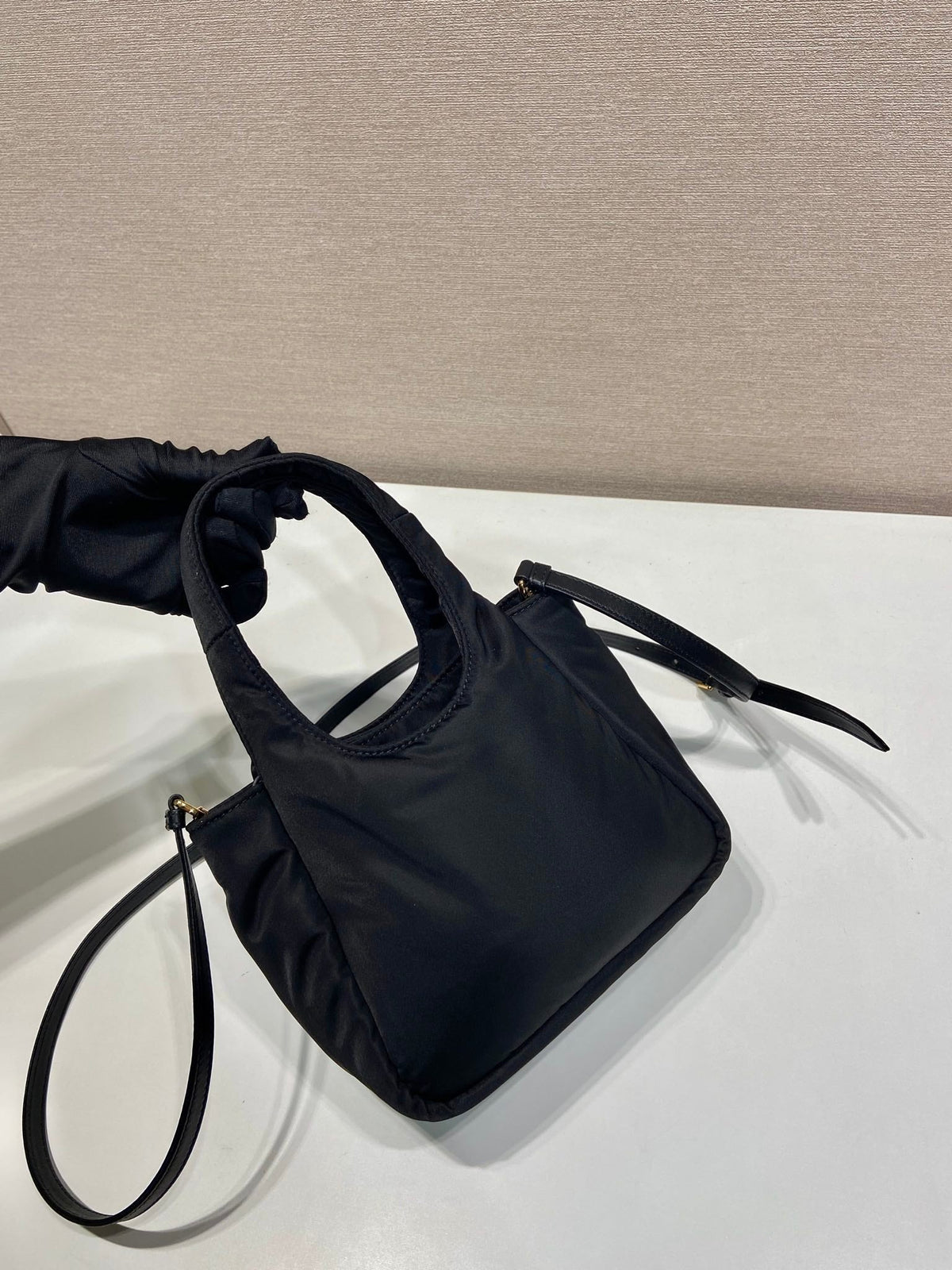 MINI BOW TOTE BAG 18 IN BLACK PADDED NYLON FABRIC