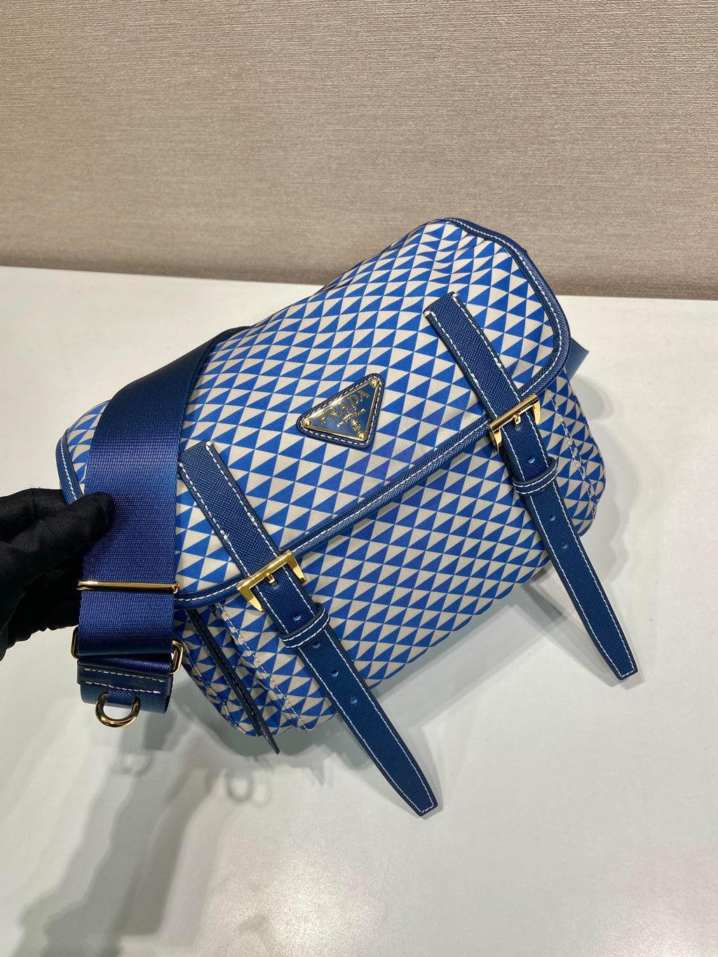 MESSENGER BAG 25 IN BLUE MIX WHITE TRIANGLE PATTERN EMBROIDERED FABRIC