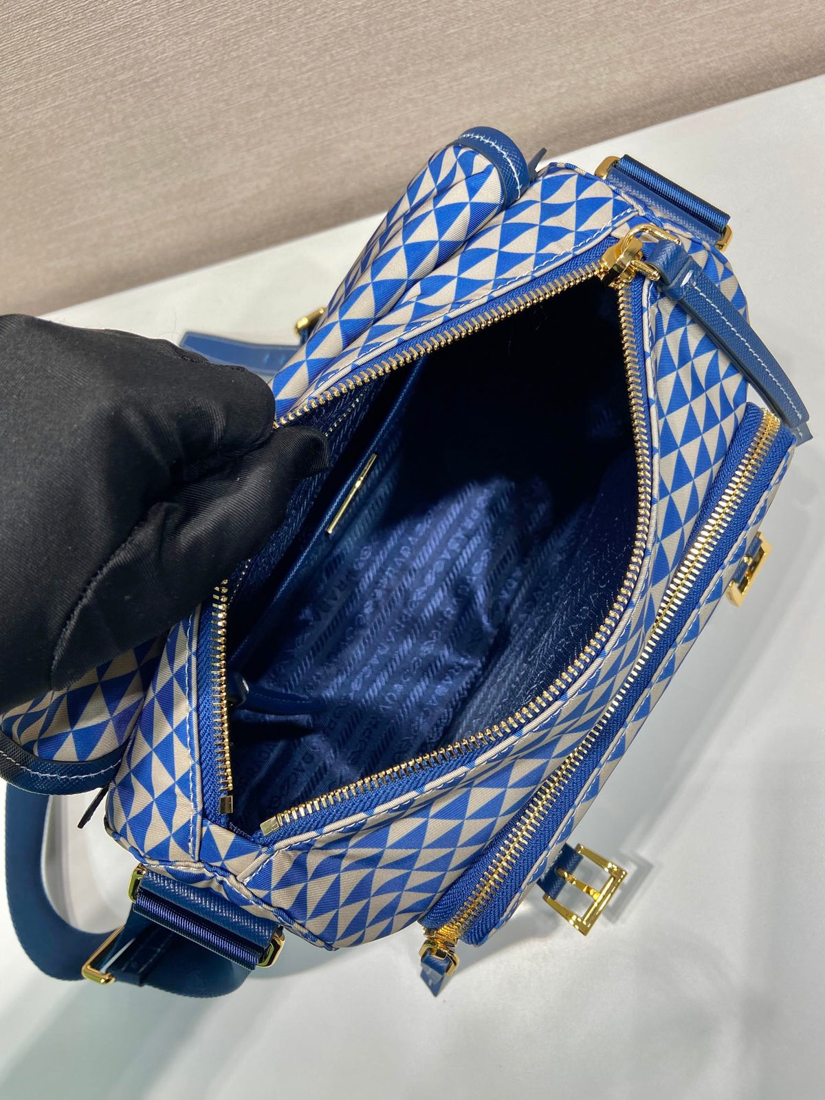 MESSENGER BAG 25 IN BLUE MIX WHITE TRIANGLE PATTERN EMBROIDERED FABRIC