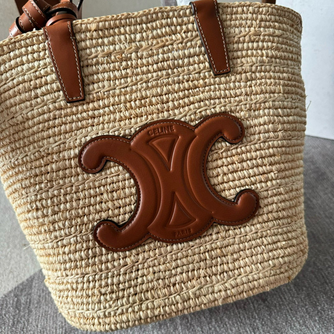TEEN SUPPLE CELINE CLASSIC PANIER IN RAFFIA AND CALFSKIN TAN