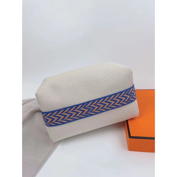 HERM Bride-a-Brac Large Case in Ecru Canvas with Blue Zigzag Motifs