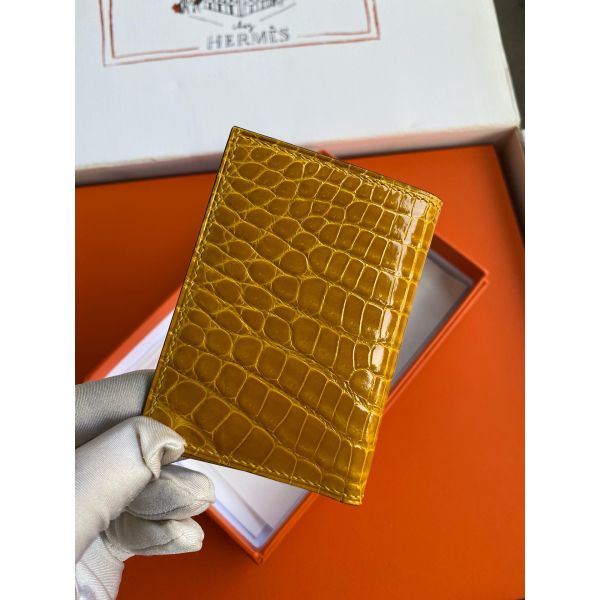HERM MC¬≤ Euclide Card Holder in Jaune Ambre Shiny Alligator Leather