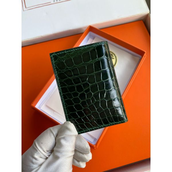 HERM MC¬≤ Euclide Card Holder in Vert Fonce Shiny Alligator Leather